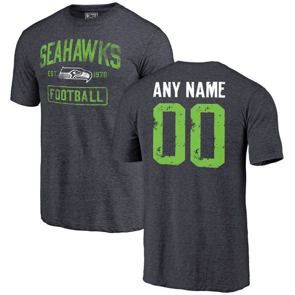 Men Navy Seattle Seahawks Distressed Custom Name and Number Tri-Blend Custom NFL T-Shirt->nfl t-shirts->Sports Accessory